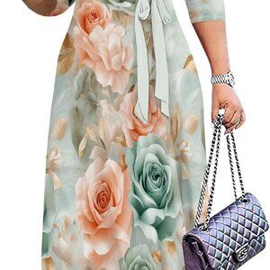 Women's Plus Size Maxi Dresses 3/4 Sleeves Bohemian Long Dress Printed Swing Dre